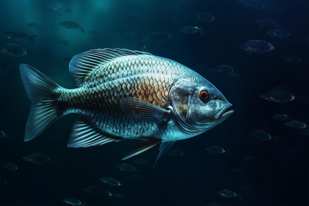 school of sea fish are swimming to water surface