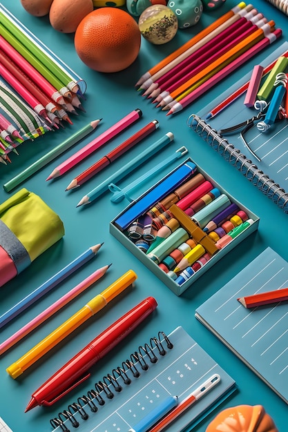 School setup featuring vibrant new school supplies and clean desk setup