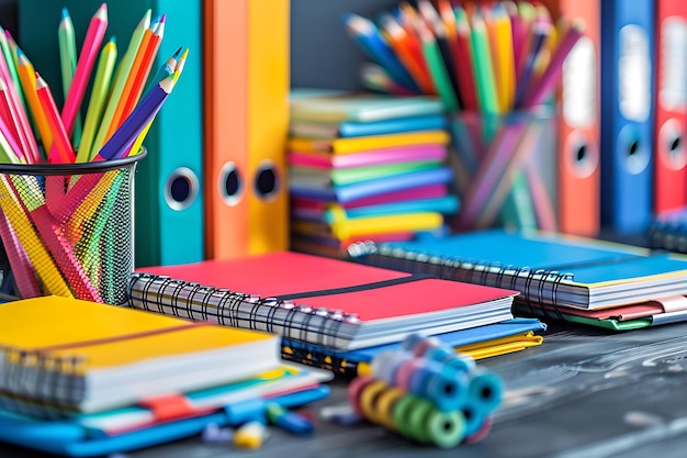 School setup with neatly arranged notebooks and colorful stationery