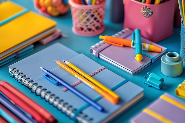 School setup with neatly arranged notebooks and colorful stationery