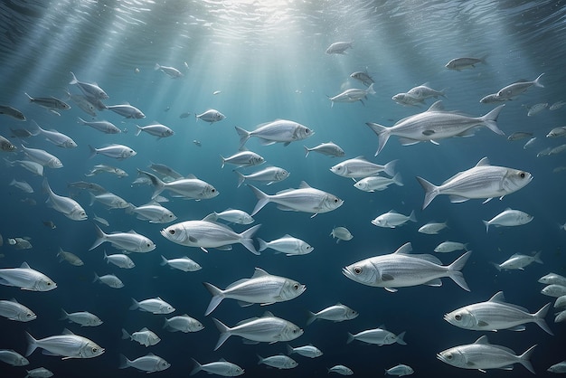 A school of silver fish swimming in perfect unison