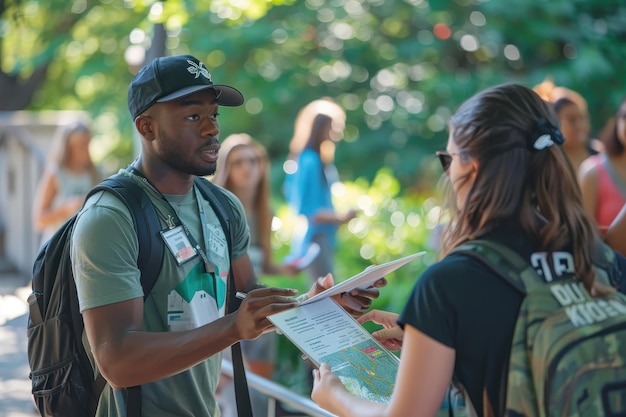 A school staff member handing out schedules and maps to new students on orientation day