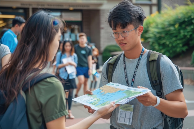 A school staff member handing out schedules and maps to new students on orientation day