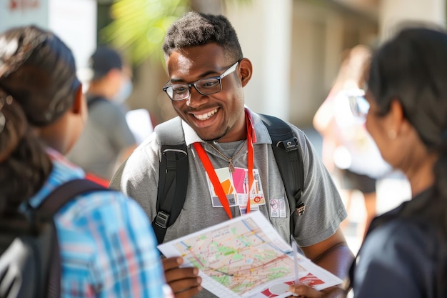 A school staff member handing out schedules and maps to new students on orientation day