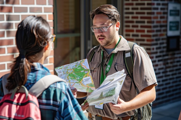 A school staff member handing out schedules and maps to new students on orientation day