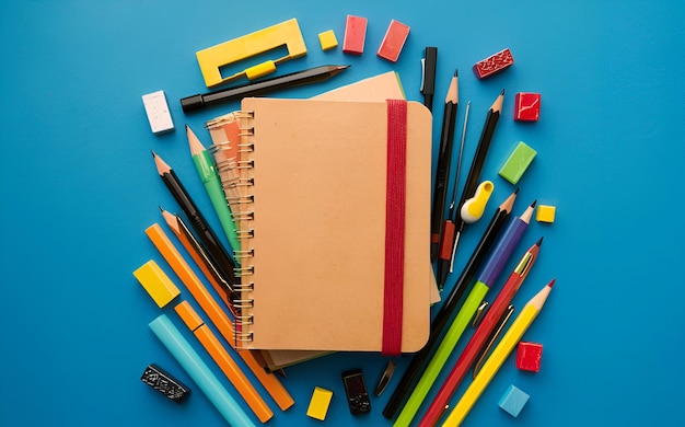 School stationary on blue background Notebook pens pencils and other tools