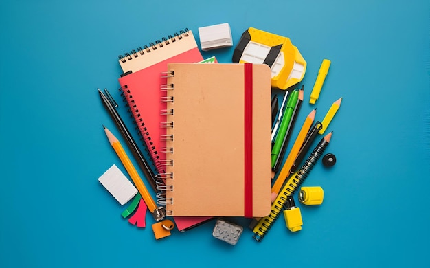 School stationary on blue background Notebook pens pencils and other tools