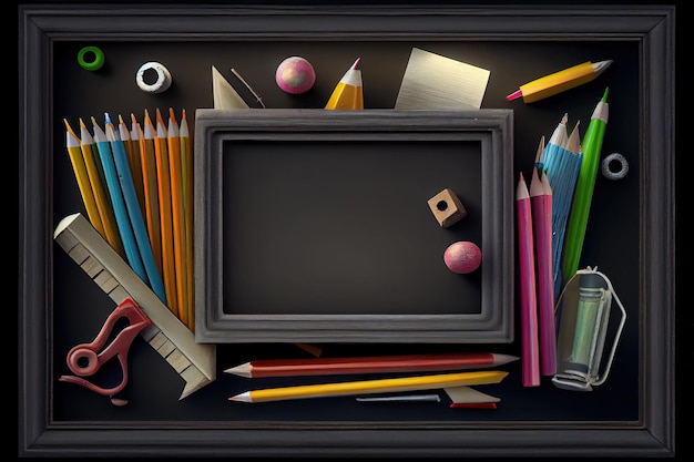 School stationery on blackboard framing back to School Generative Ai