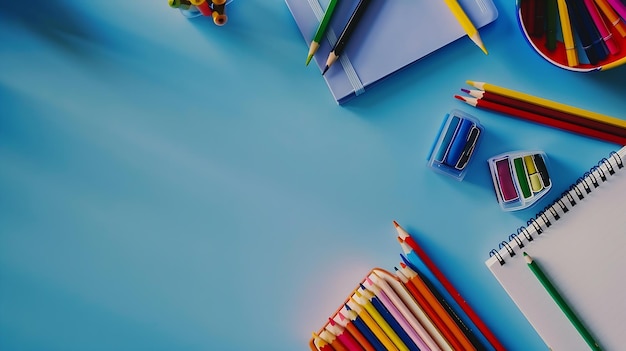 School stationery color pencils paints notepad on blue table Back to school backgrou Generative AI