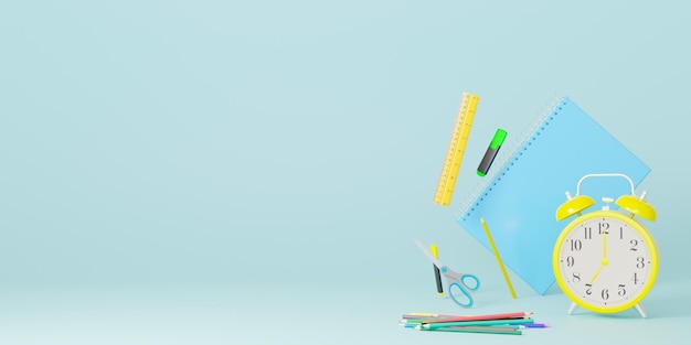 Photo school stationery items on blue background with free space for text creative colourful background with school supplies banner with copy space ruler pencil scissors alarm clock 3d rendering