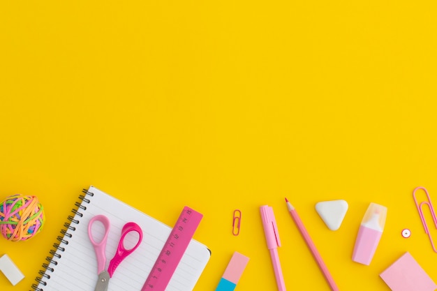 School stationery on a yellow background  Back to school concept