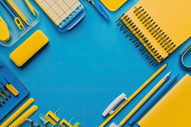 Photo school stationery in yellow and blue tone office accessories study and educational flat lay