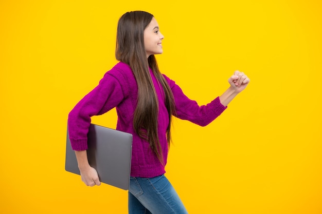 School student using laptop Elearning and online education Teen girl on internet video chat isolated on isoalted studio background