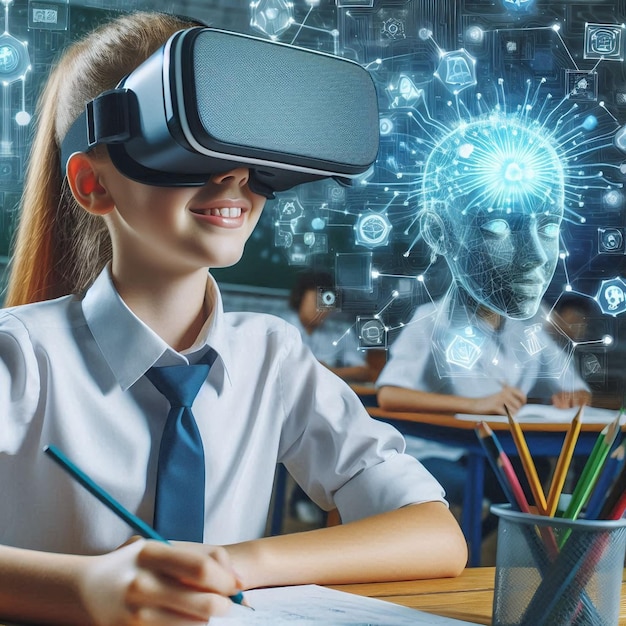 Photo a school student using a vr headset for ai and machine learning technology