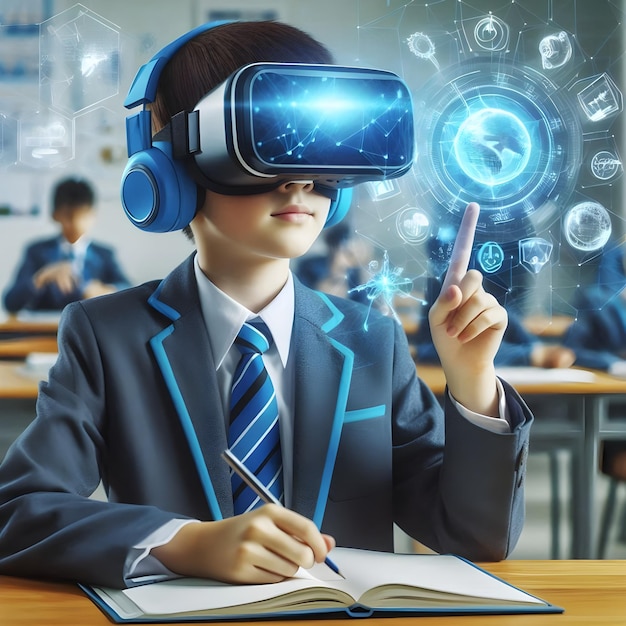 Photo school student with vr headset using ai machine learning technology in hologram in education