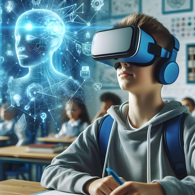 School student with VR headset using AI machine learning technology in hologram in education