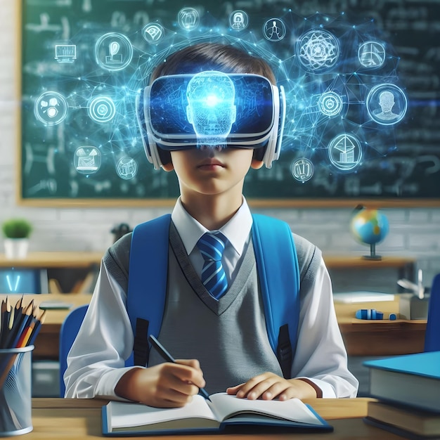 Photo school student with vr headset using ai machine learning technology in hologram in education