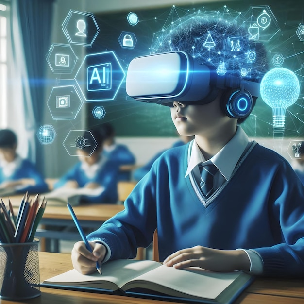 Photo school student with vr headset using ai machine learning technology in hologram in education