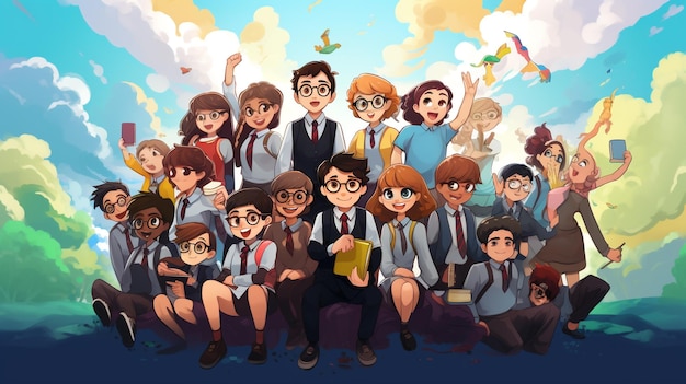 School students in digital art style for education day