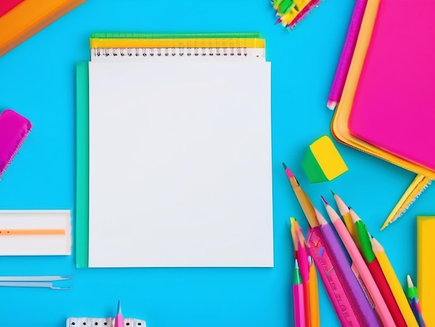 School supplies background top view with copy text space