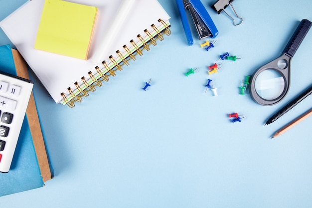 School supplies on the blue table