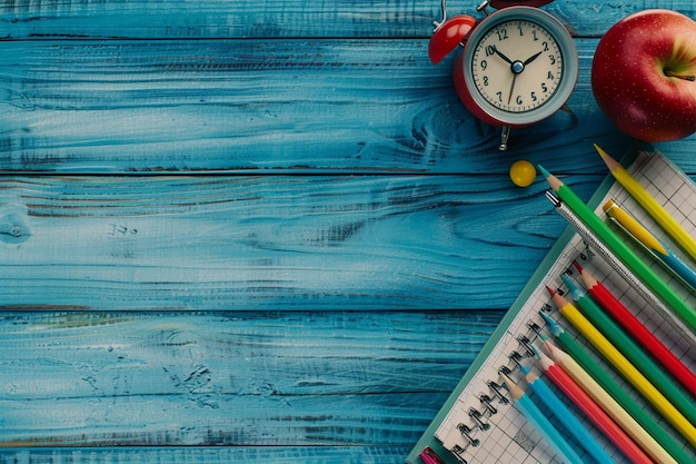 Photo school supplies blue wooden table