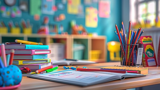 School supplies and books on a classroom desk