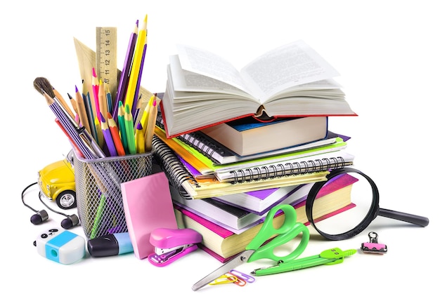 School supplies composition with opened book and magnifier isolated on white background