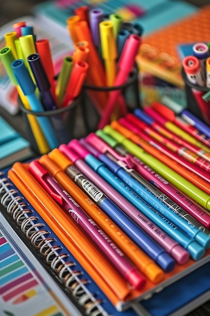 School supplies including notebooks and markers arranged on a desk