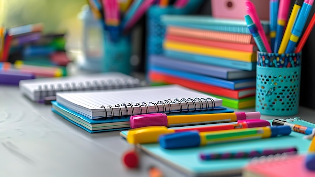 School supplies including notebooks and markers on a clean desk