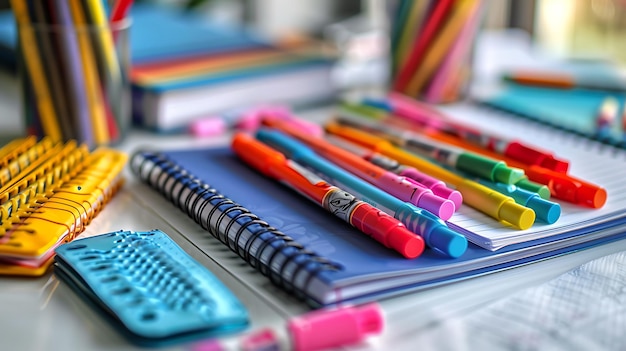 School supplies including notebooks and markers on a clean desk