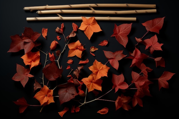 School supplies and red ivy branch scattered on black background