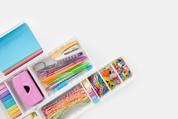 Photo school supplies. stylish stationery multicolored pastel color. flat lay, top view.