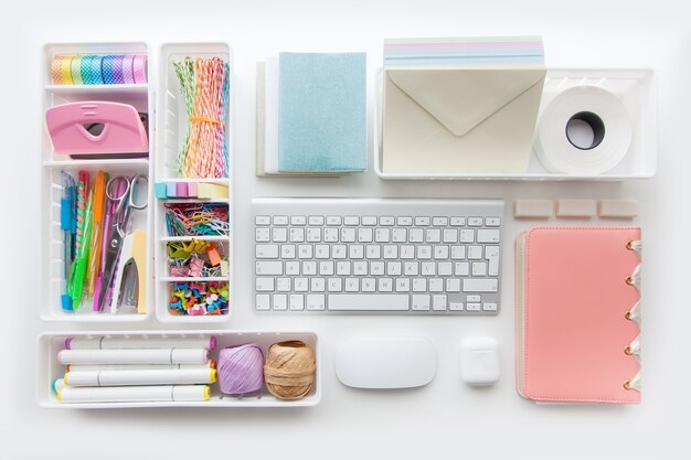 Photo school supplies. stylish stationery in pastel color. flat lay, top view. white background.