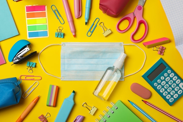 School supplies with medical mask and sanitizer