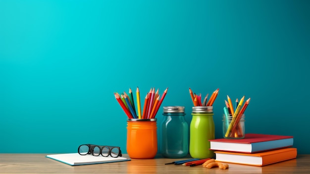 School supplies on wooden table against colour background