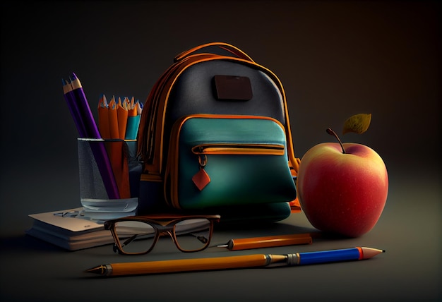 School supplies on a wooden table in a warm interior AI Generated