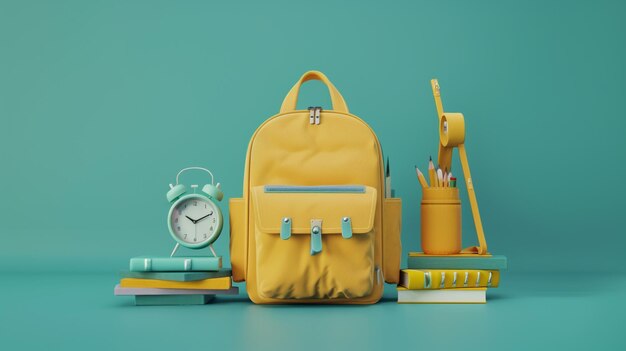 School supplies in a yellow backpack on blue background