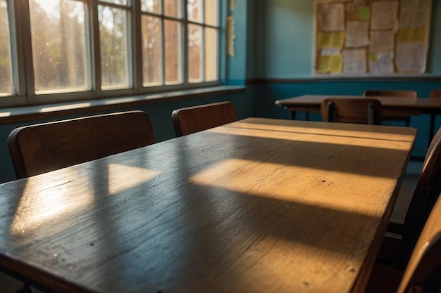 Photo a school table next to a window with sunlight streamin