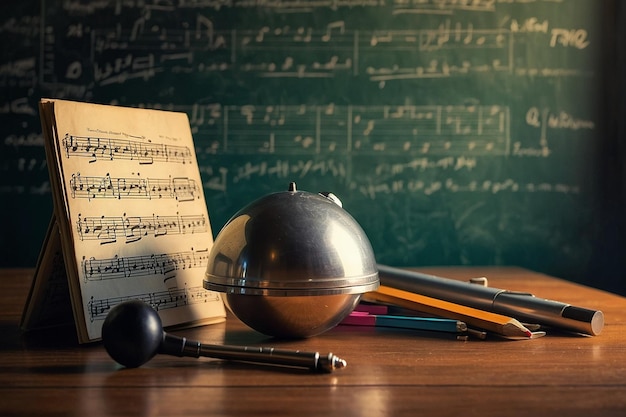 Photo a school table with music sheets and a metronome