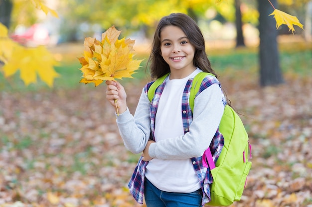 School time. fall maple leaves in park. seasonal weather. childhood happiness. beauty and nature. happy kid wear casual style. teen girl carry backpack on way to school. child walk in autumn forest.