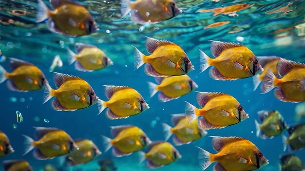 Photo school of tropical fish darting through crystalclear water vibrant marine life dynamic movement