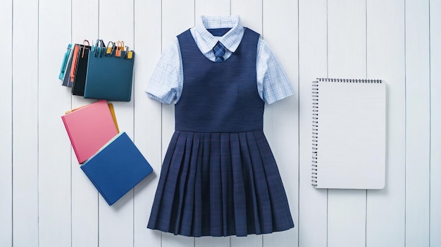 Photo school uniform for girl and notebooks on white wooden background