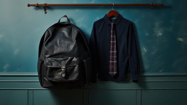 Photo school uniform and schoolbag hanging on hook against wallcreated with generative ai technology