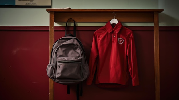 Photo school uniform and schoolbag hanging on hook against wallcreated with generative ai technology