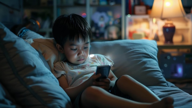 Schoolage child relaxes with smartphone illustrating digital literacy needs AI generative