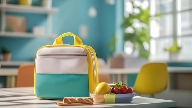 Schoolbag and Lunch Box with Healthy Food on Table