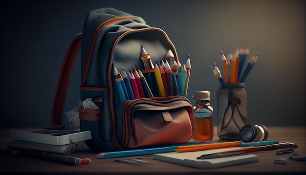 Schoolbag with colors pencils and supplies generative AI