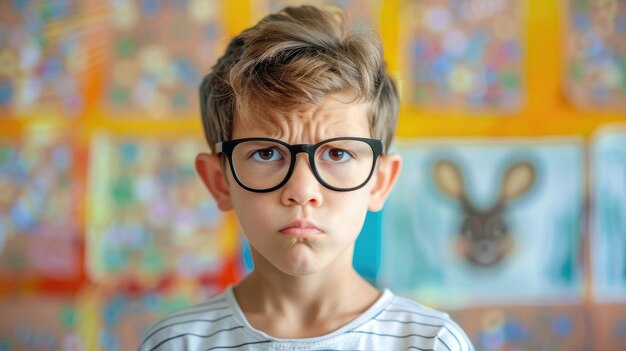 A schoolboy boy with glasses and protruding ears against the background of a school