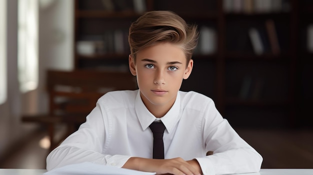 Schoolboy at the desk at school